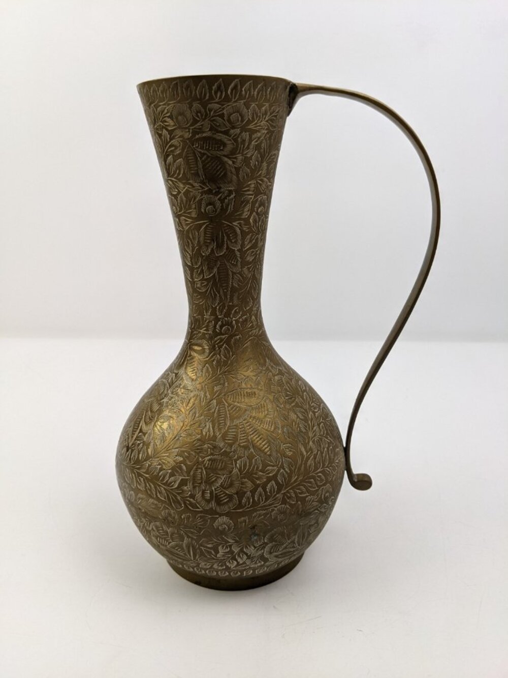 Vintage Etched Brass Vase Pitcher Leaf Floral Design 10 India